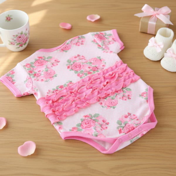 Floral baby outfit with ruffles on a wooden table