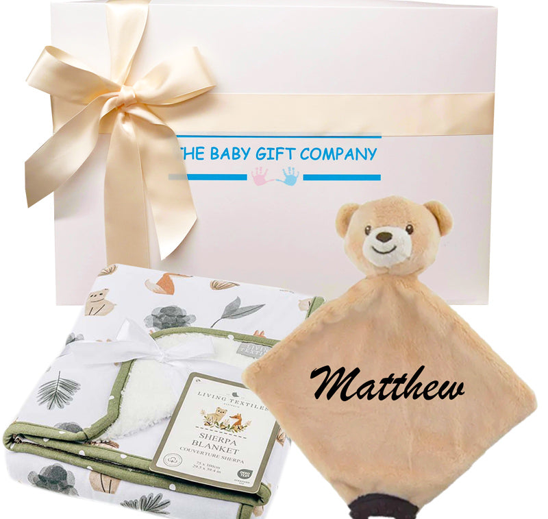 Baby gift set with green blanket, teddy bear comfort blanket, and free delivery text.