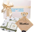 Baby gift set with green blanket, teddy bear comfort blanket, and free delivery text.
