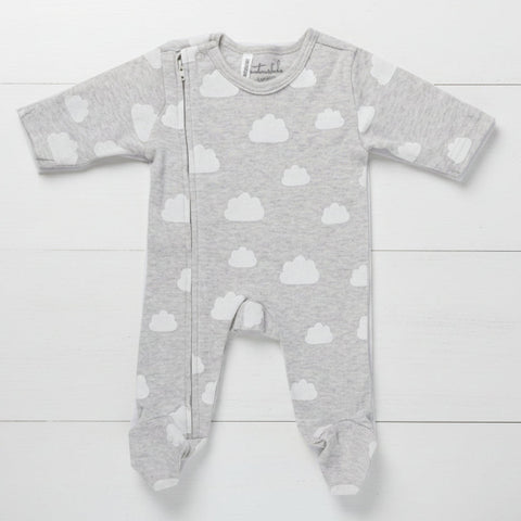 Gray baby onesie with white cloud pattern on a white background