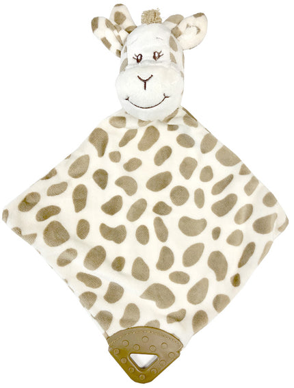 Giraffe-shaped plush toy with a patterned blanket on a white background