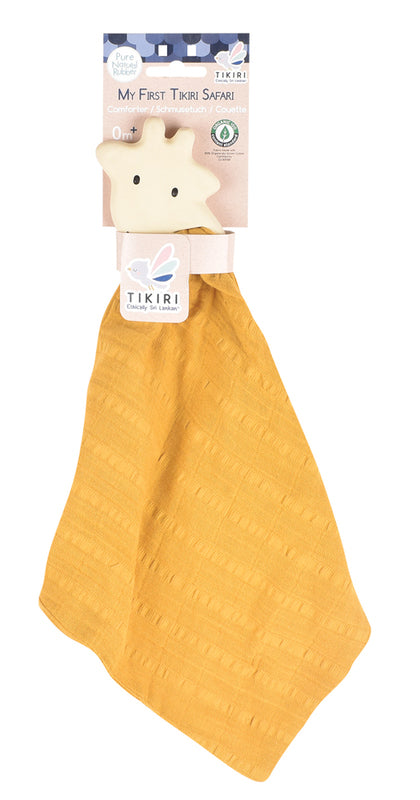 Yellow textured baby blanket with a toy and packaging on a white background