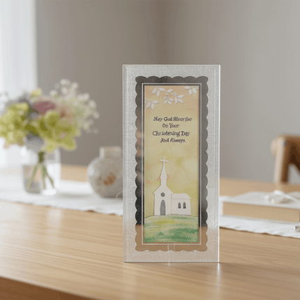 glass baptism plaque on table