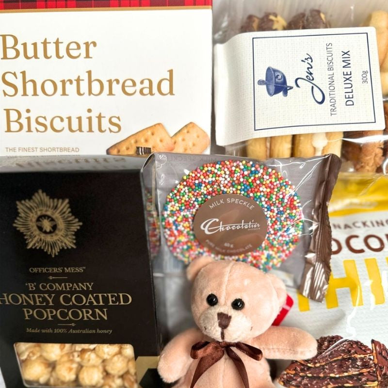 Gift box with with Australian biscuits, honey popcorn and a mini teddy