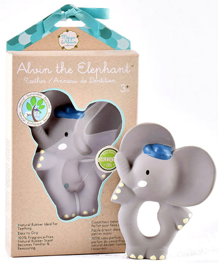 Gray elephant teether with blue bow and packaging on a white background