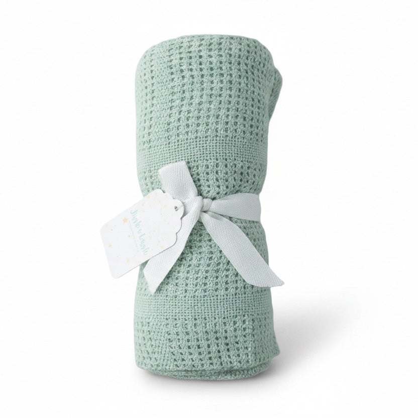 Green Crochet Cellular Baby Blanket on whit ebackground