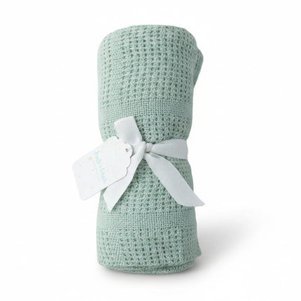 Green Crochet Cellular Baby Blanket on whit ebackground
