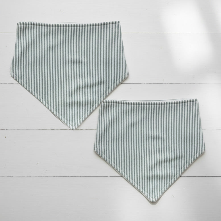 Two Bandana baby bibs with Grey stripes on a white background