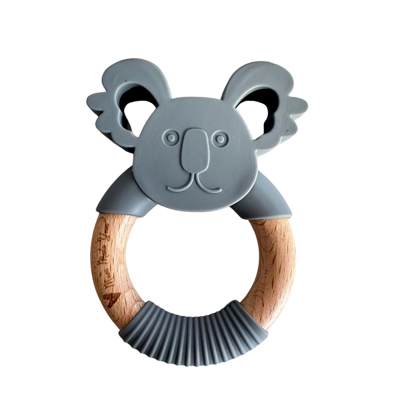Gray koala-shaped teething ring with wooden center on a white background