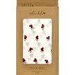 Muslin wrap with red hearts in a brown packaging box, featuring the brand 'emotion & kinda'.