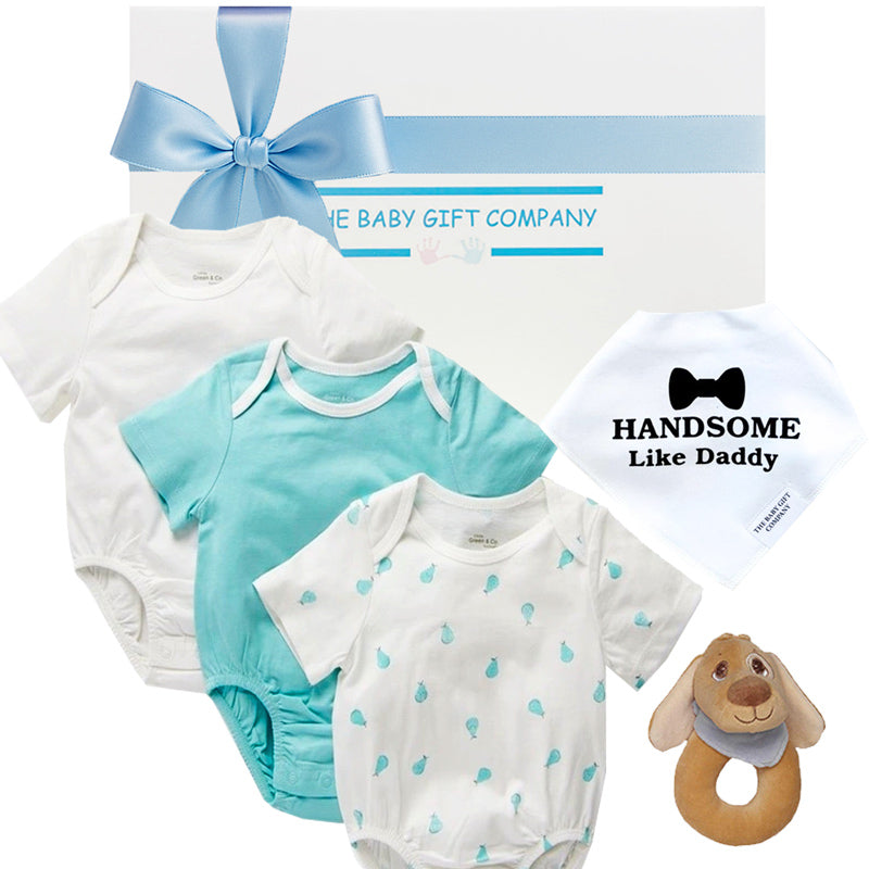 Baby gift set with patterned rompers, and rattle from The Baby Gift Company.