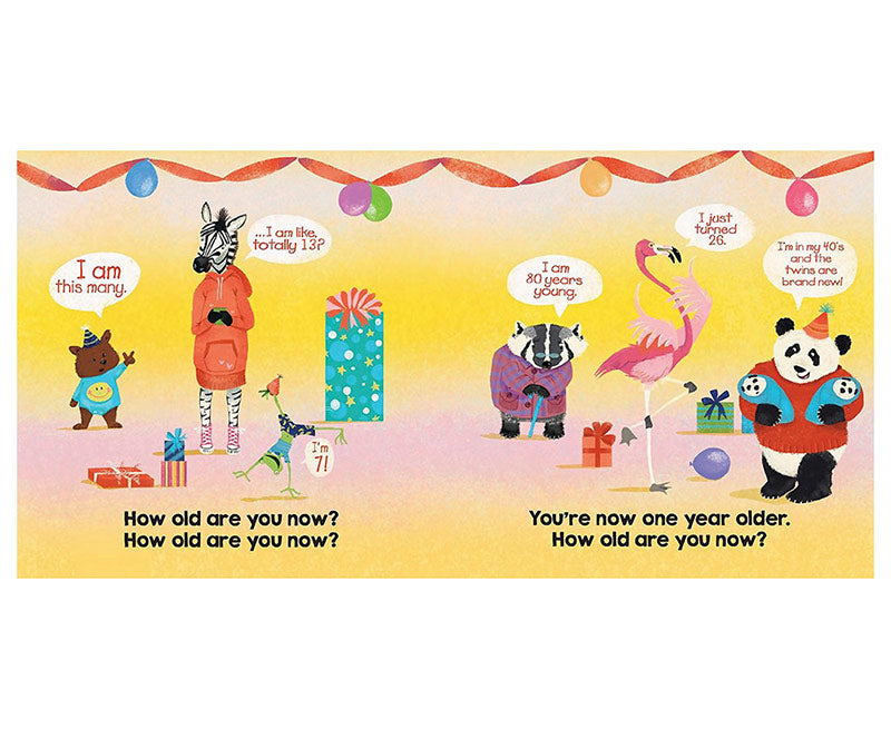 Illustrated birthday card with animals discussing ages and a colorful background
