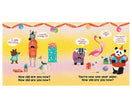 Illustrated birthday card with animals discussing ages and a colorful background