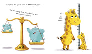 Illustrated birthday card with animals discussing ages and a colorful background