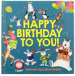Children's book titled 'Happy Birthday To You!' with colorful illustrations of animals and balloons on a blue background.