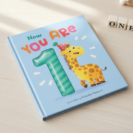 Children's book titled 'Now You Are 1!' with colorful illustrations of animals.