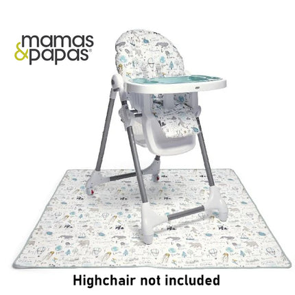 High chair on top of Mamas & Papas Happy Planet Splash Mat for baby mealtimes