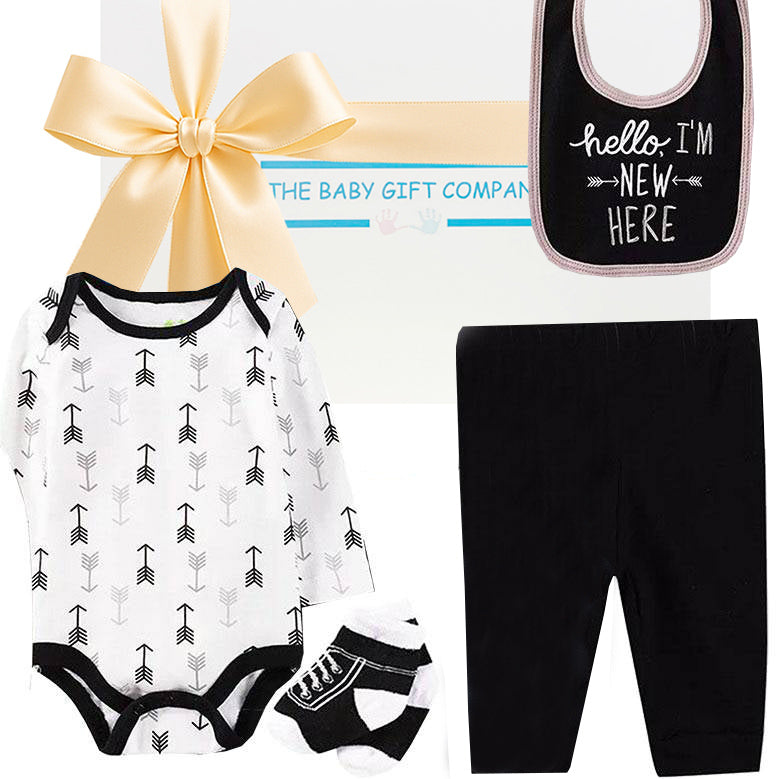 Baby gift set with onesie, bib, black feather toy, and baby pants from The Baby Gift Company.
