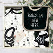Baby gift set with black baby clothing set, Hello I'm new here baby bib, socks and feather toy in a gift box.