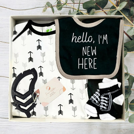 Baby gift set with black baby clothing set, Hello I'm new here baby bib, socks and feather toy in a gift box.