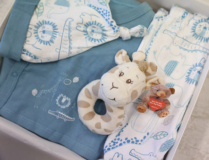 Baby clothing and toys with blue and white patterns on a light surface