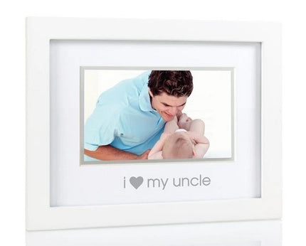 White photo frame with a picture of a man and child, text 'i ❤️ my uncle' on a white background