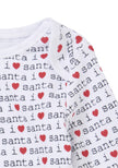 White baby onesie with 'i love santa' text and red hearts pattern