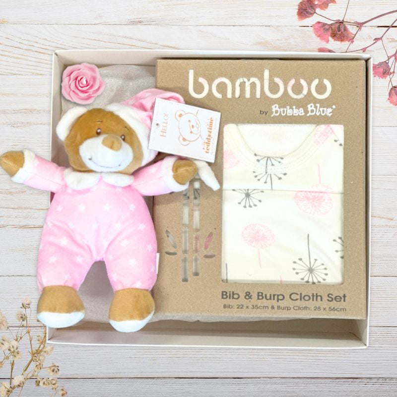 Bamboo by Bubble Blue baby bib and burp cloth set with a teddy bear toy in a baby gift box.
