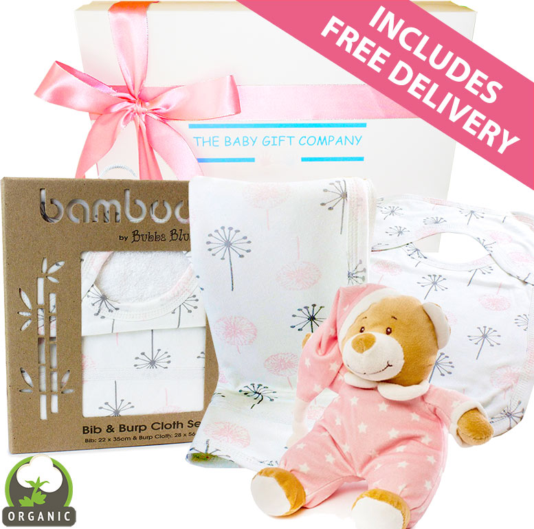 I'm Here Organic Baby Girl Gift Hamper with bib, burp cloth, and plush toy from The Baby Gift Company.