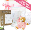 I'm Here Organic Baby Girl Gift Hamper with bib, burp cloth, and plush toy from The Baby Gift Company.