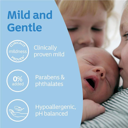 Children interacting with a baby, with product features highlighted on a blue background.