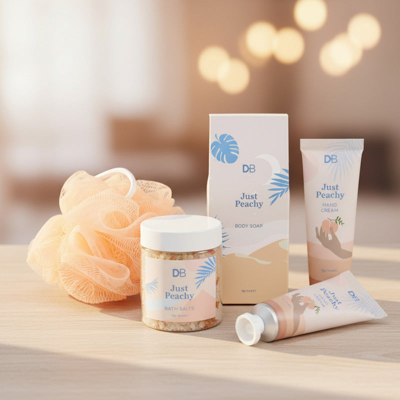 Collection of pamper items with just peachy on them