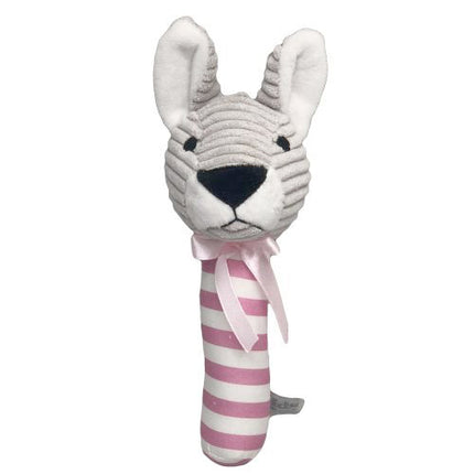 Plush toy with a striped handle on a white background