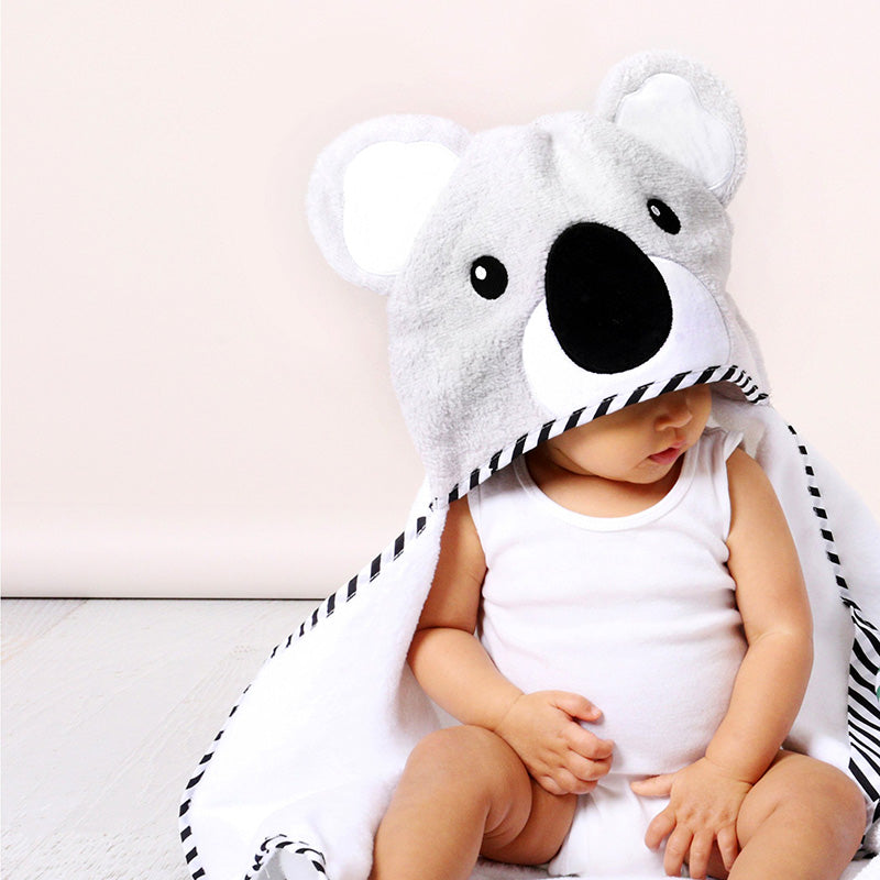 baby wearing koala bath towel