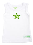 White tank top with a green star and '4 Little Ducks' branding on a white background