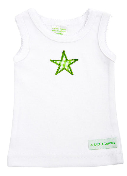 White tank top with a green star and '4 Little Ducks' branding on a white background