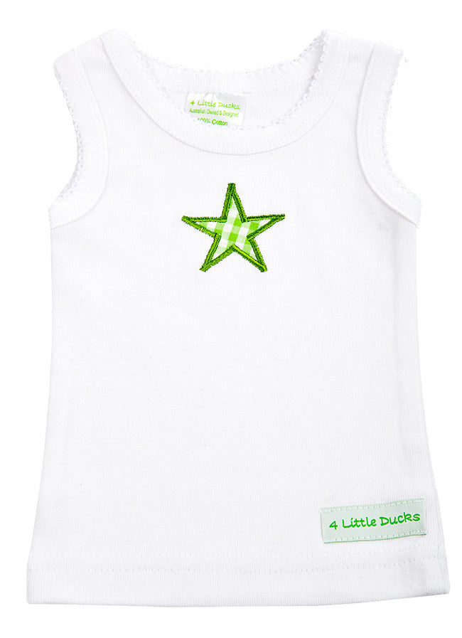 White tank top with a green star and '4 Little Ducks' branding on a white background