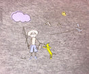 Illustration of a boy with a dog and various elements on a textured background