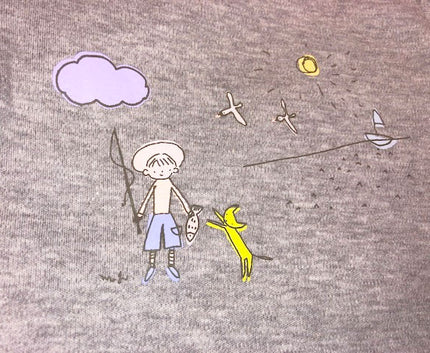 Illustration of a boy with a dog and various elements on a textured background