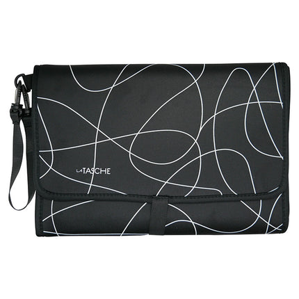 Black and white patterned bag with 'La Tasche' branding on a white background