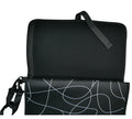 Black baby change mat with white abstract design and carrying strap on a white background