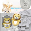 Baby gift set with lion-themed swaddle wrap and rattle, baby blanket, and bib with 'Born in 2025' text.