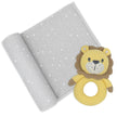 Knitted lion rattle toy with a gray blanket featuring star patterns on a white background