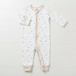 Baby onesie with long sleeves and legs on a white background