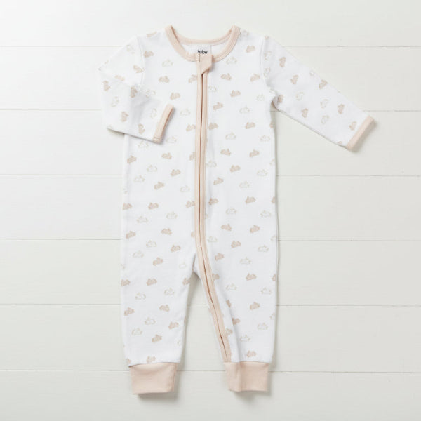 Baby onesie with long sleeves and legs on a white background