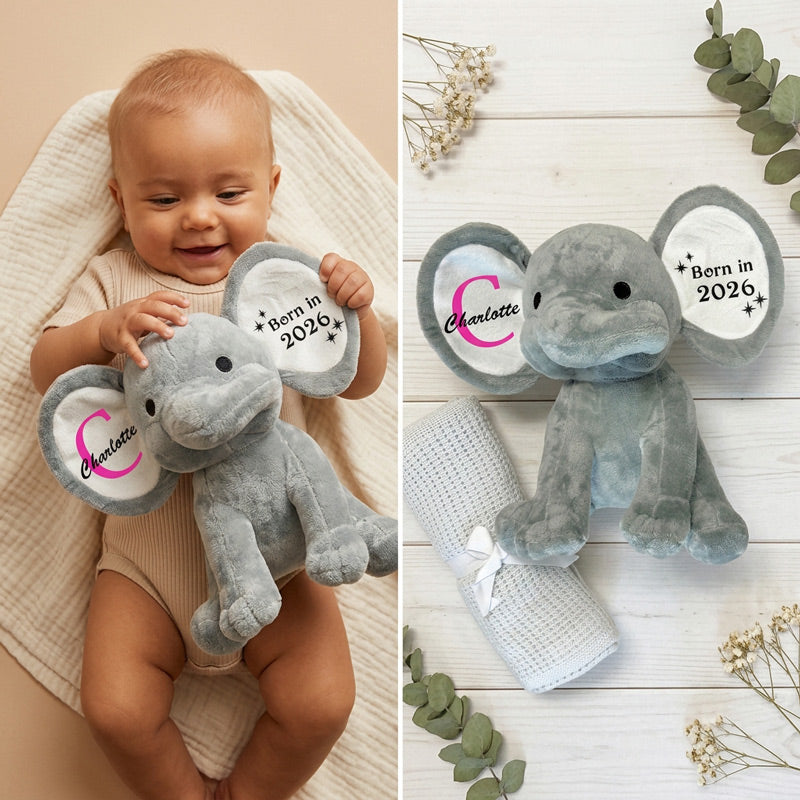 Baby with grey elephant personalised with their name
