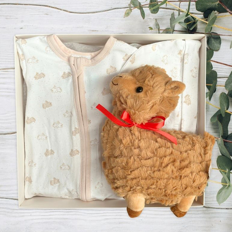 Brown llama toy with a red bow in a gift box with a white clothing and baby hat.