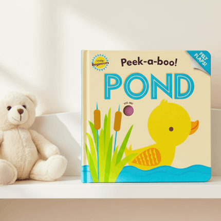Pond peek a book child book with big yellow duck sitting on a bookshelf