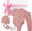 Baby Bonds outfit with onesie, pants, and feather teether toy on a white background with The Baby Gift Company gift box.