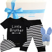 Baby gift set with 'Little Brother' onesie, striped pants, hat, and rabbit plush toy, branded 'The Baby Gift Company'.